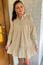 Front view of Brown Stripe Mini Dress with collared neckline and vertical stripes. A chic H-line silhouette for everyday comfort.