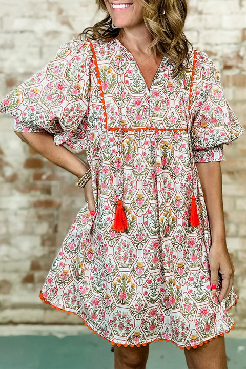 Pink Floral Tassel Tie V Neck Scalloped Detail Mini Dress Women UK — front view