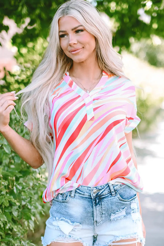 Abstract high low short sleeve blouse | fashionfitz