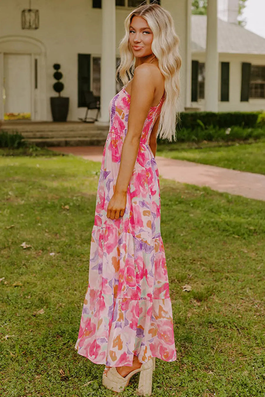 Pink Abstract Floral Shirred One Shoulder Maxi Dress Women UK