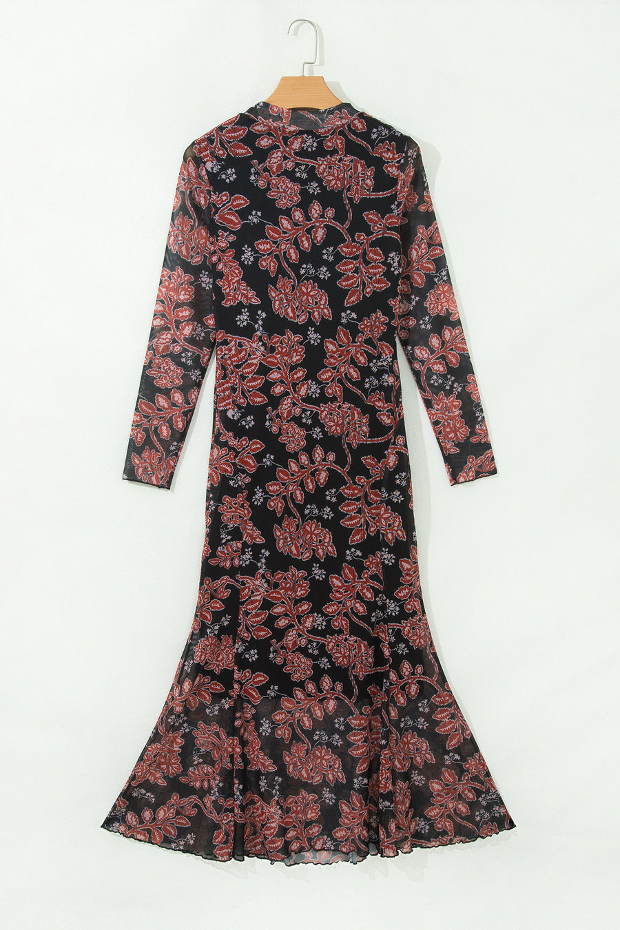 Retro Floral Print Long Sleeve Mesh Maxi Dress Women UK