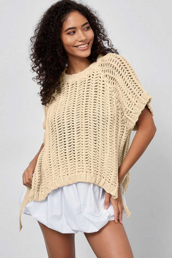 Angled front view of beige Plus Size Bow Tie Open‑Knit Jumper for Women styled casually with lightweight feel.