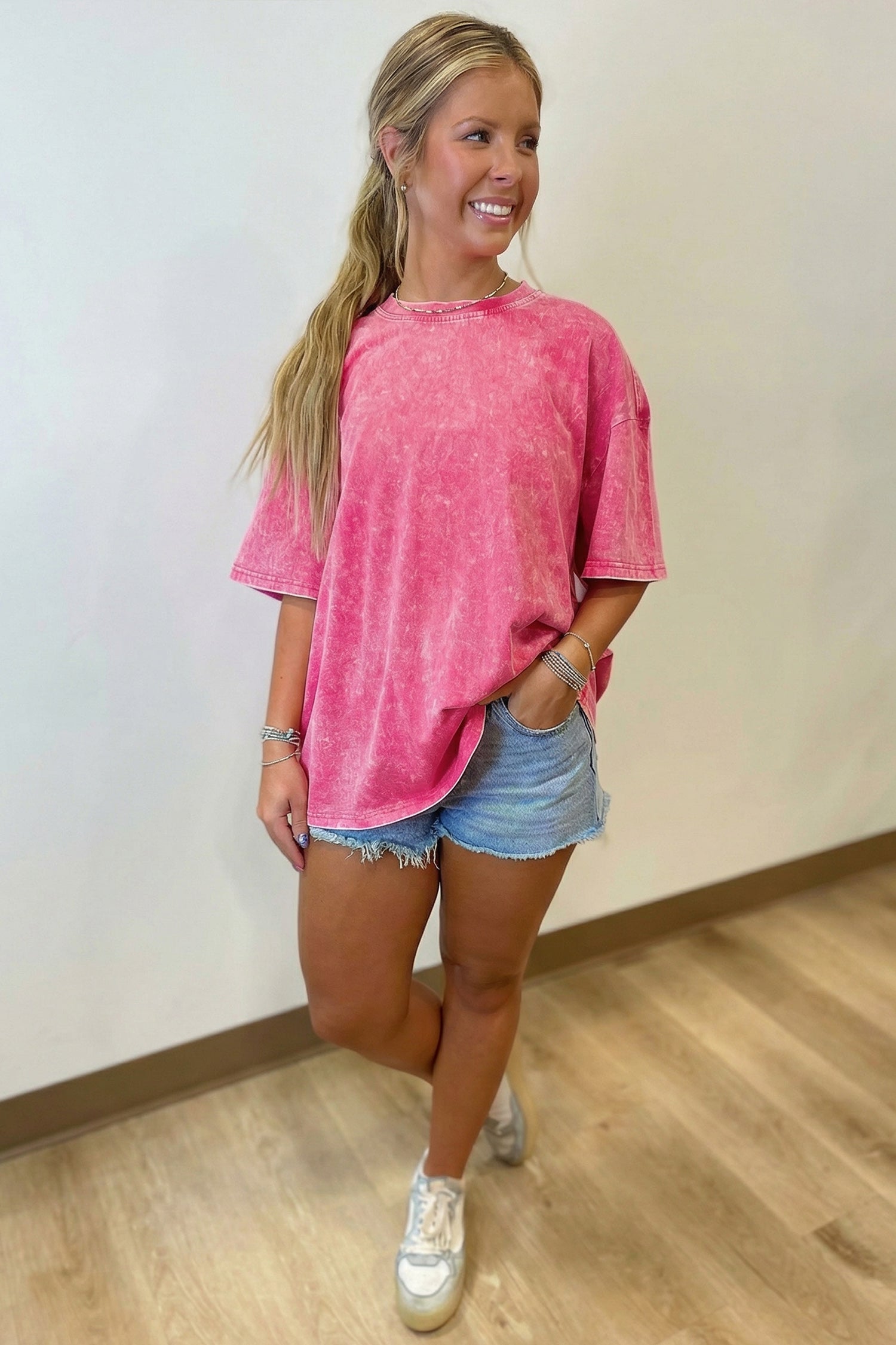 Mineral Washed Oversized Cotton Tee Drop Shoulder Round Neck Tunic Length