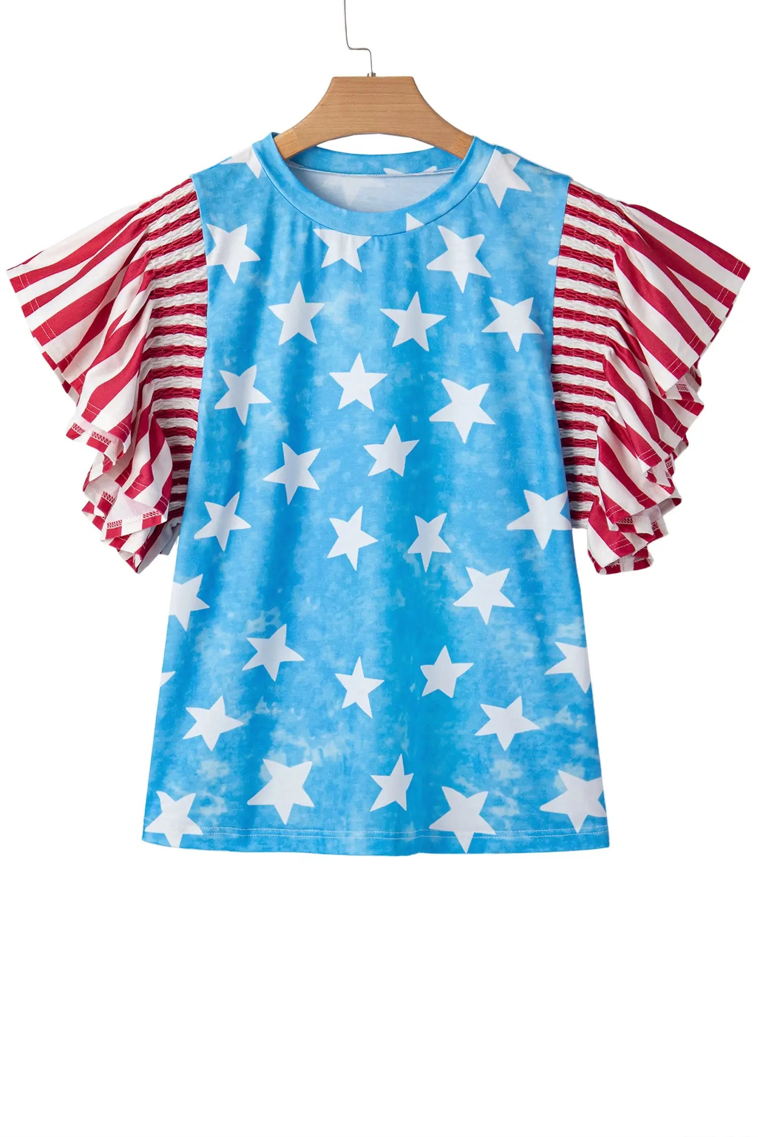Sky blue vintage star print striped ruffle sleeve top blouses