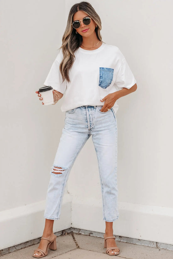 Colour block patch pocket short sleeve top round neck tunic relaxed fit tunics