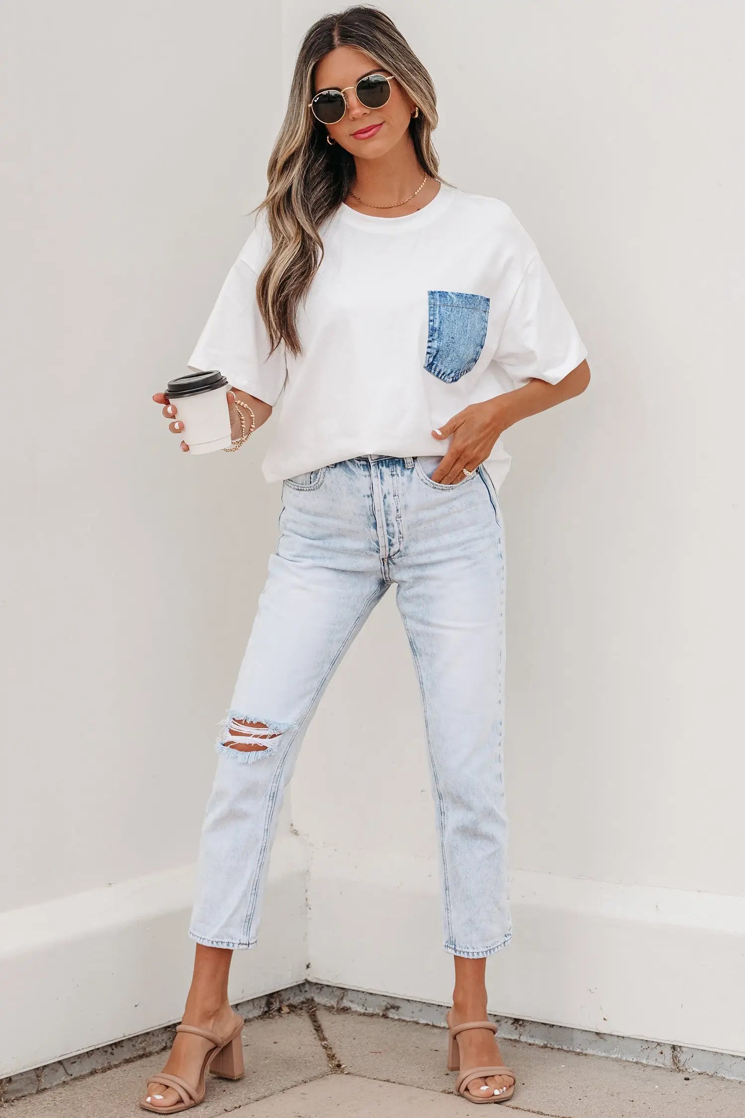 Colour block patch pocket short sleeve top round neck tunic relaxed fit tunics