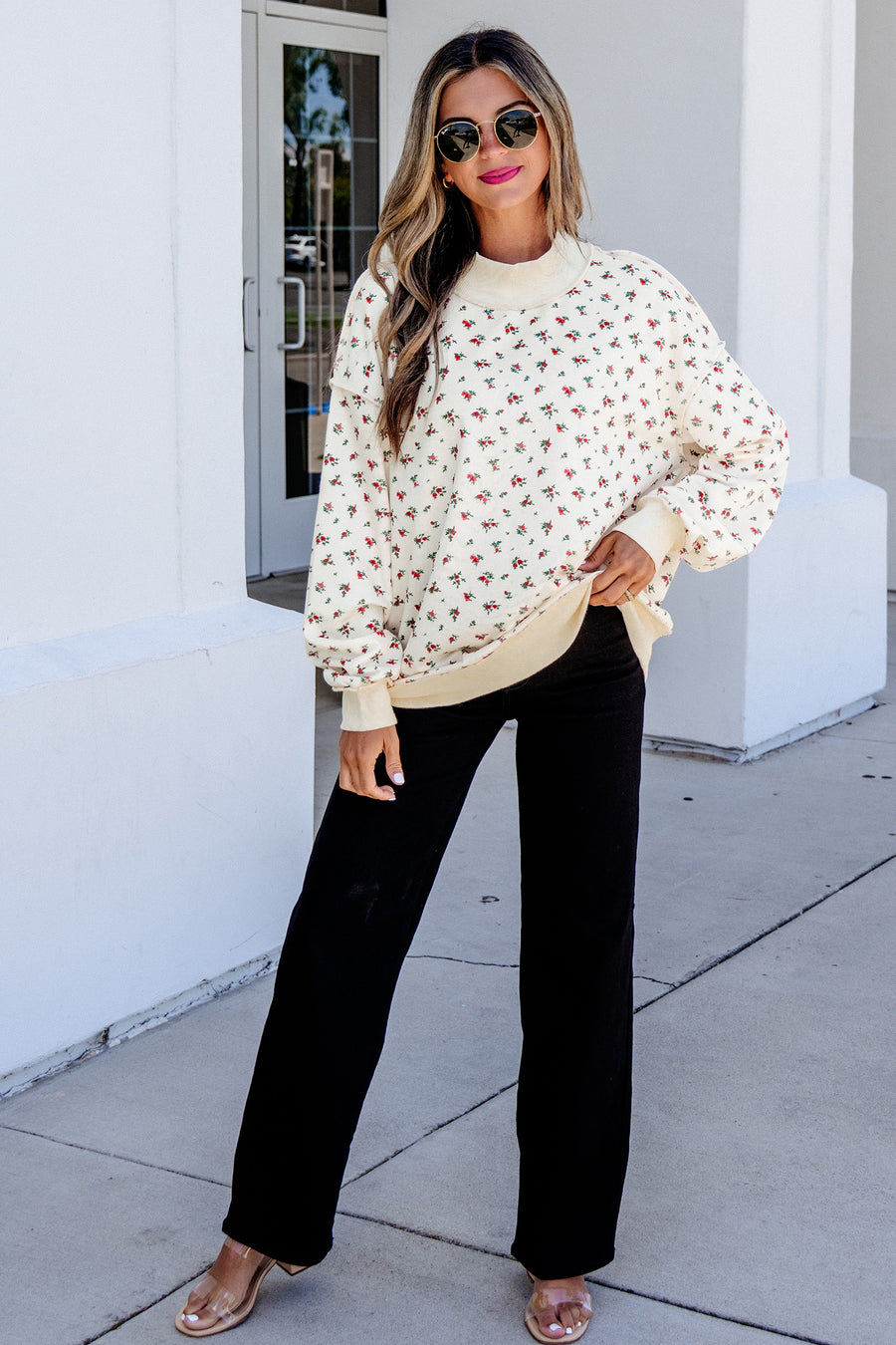 Beige Ribbed Floral Patchwork High Neck Baggy Sweatshirt
