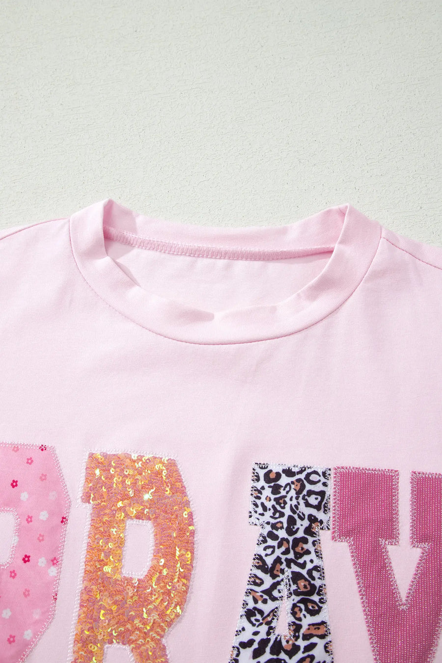 Pink Pray Sequin Leopard Patched Graphic Tee Women UK