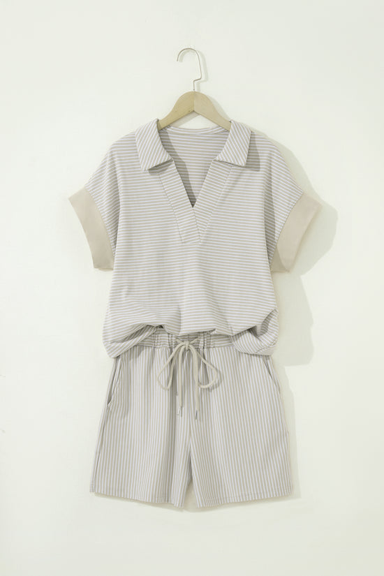 Striped Dolman Sleeve Polo Shirt and Drawstring Shorts Two Piece Set