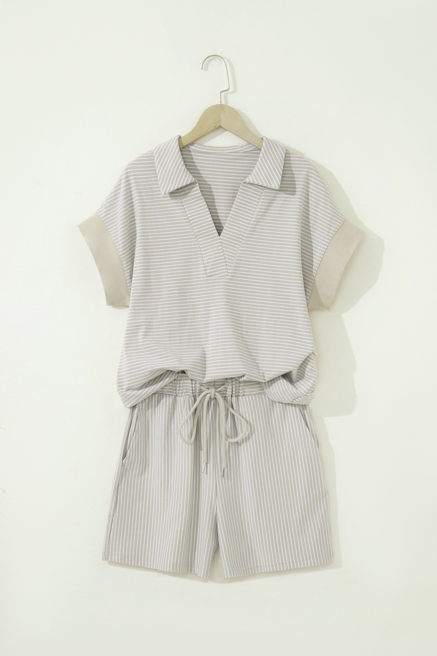 Striped Dolman Sleeve Polo Shirt and Drawstring Shorts Two Piece Set