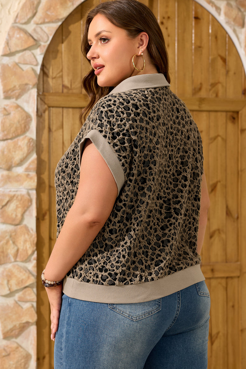 Back view of leopard print ribbed patchwork plus size top with collar