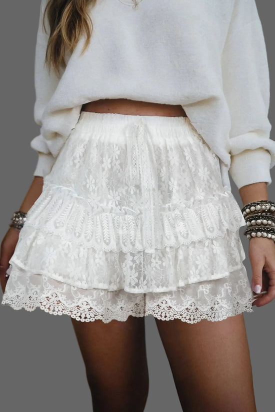 White lace ruffle tiered drawstring elastic waist sweet shorts