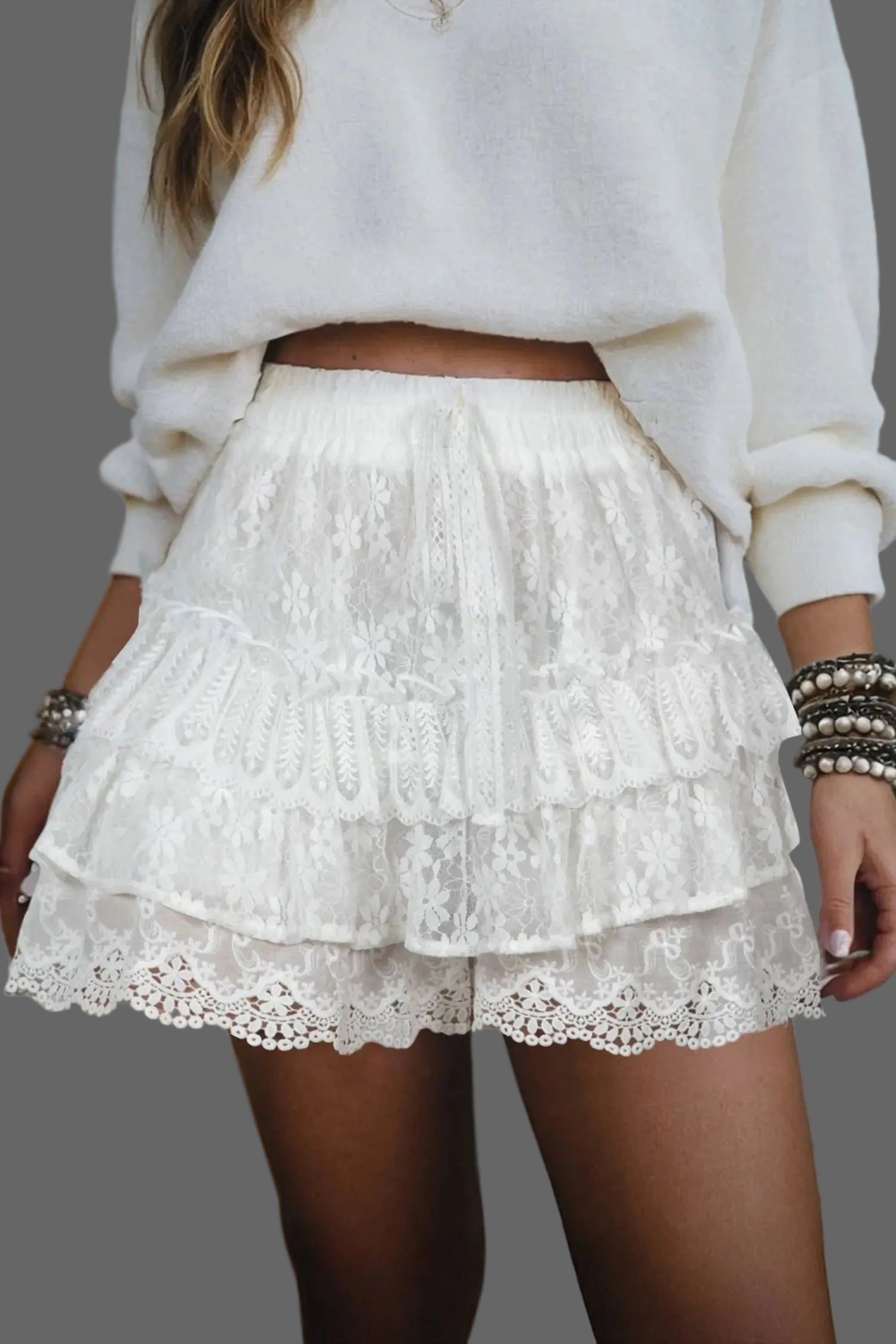 White lace ruffle tiered drawstring elastic waist sweet shorts