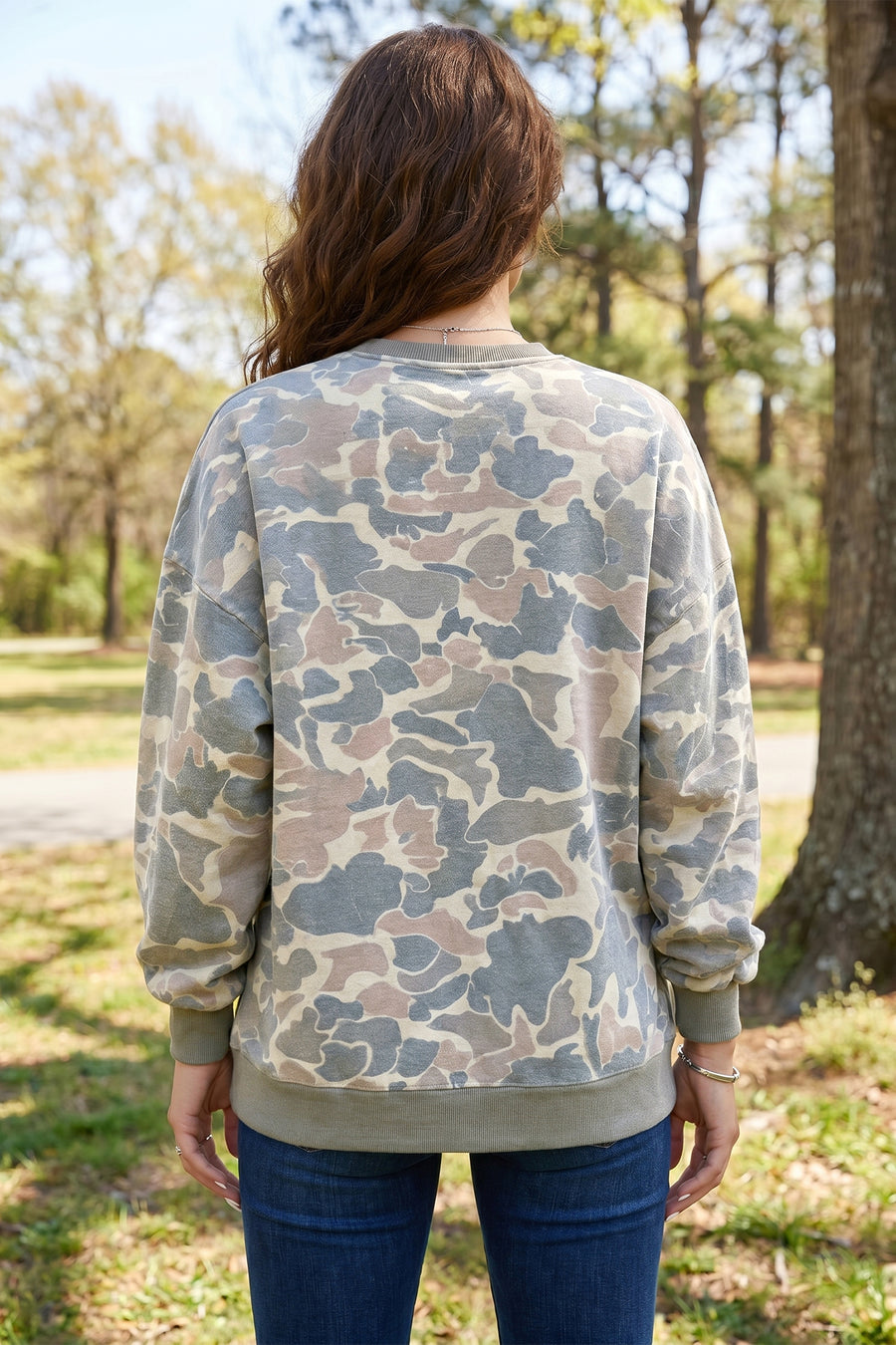 Camo Print Ribbed Trim Pullover Sweatshirt Women UK