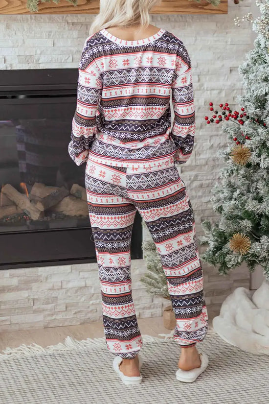 Black christmas retro print lounge set v-neck top high waist pants loungewear