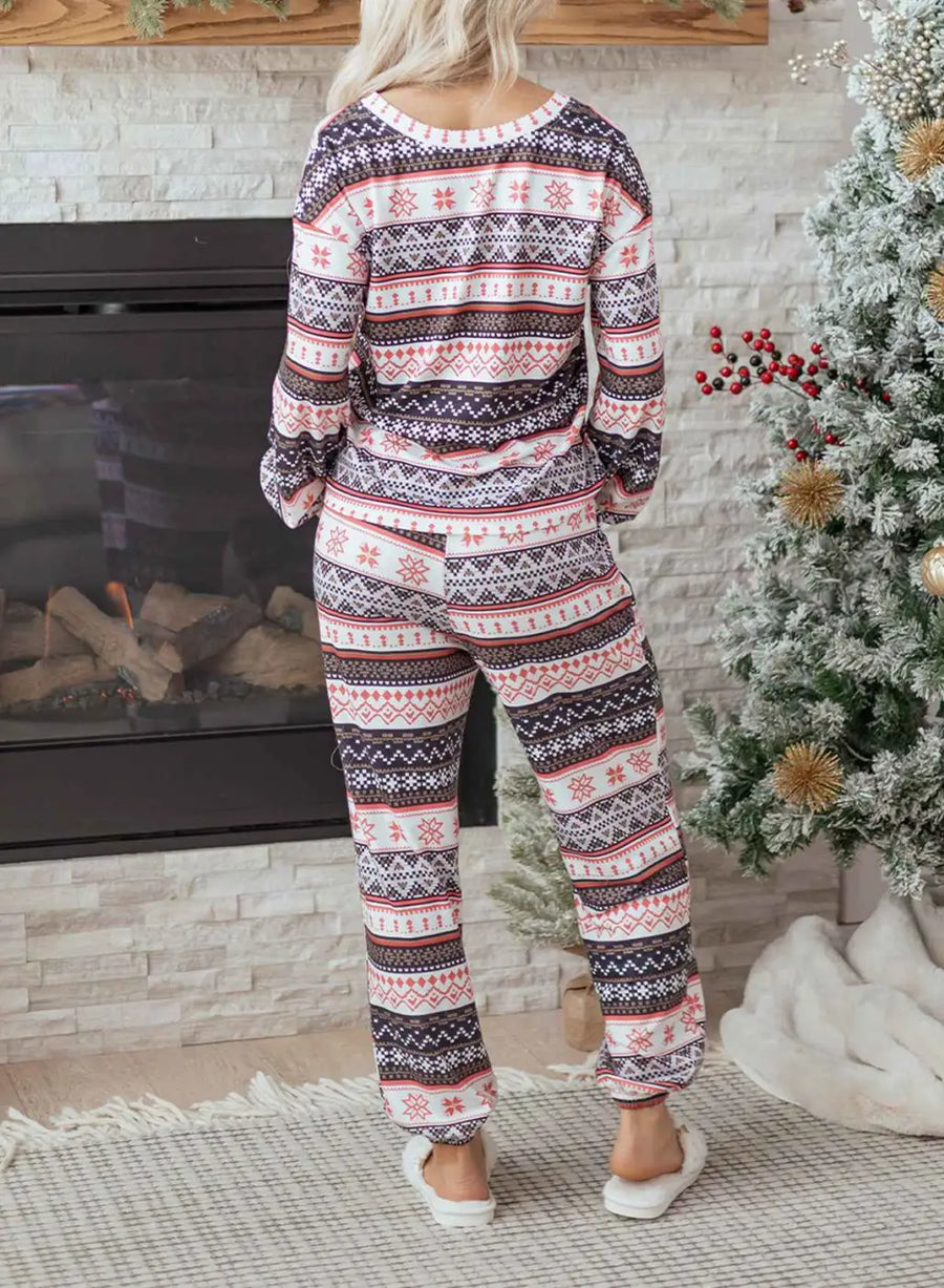 Black christmas retro print lounge set v-neck top high waist pants loungewear
