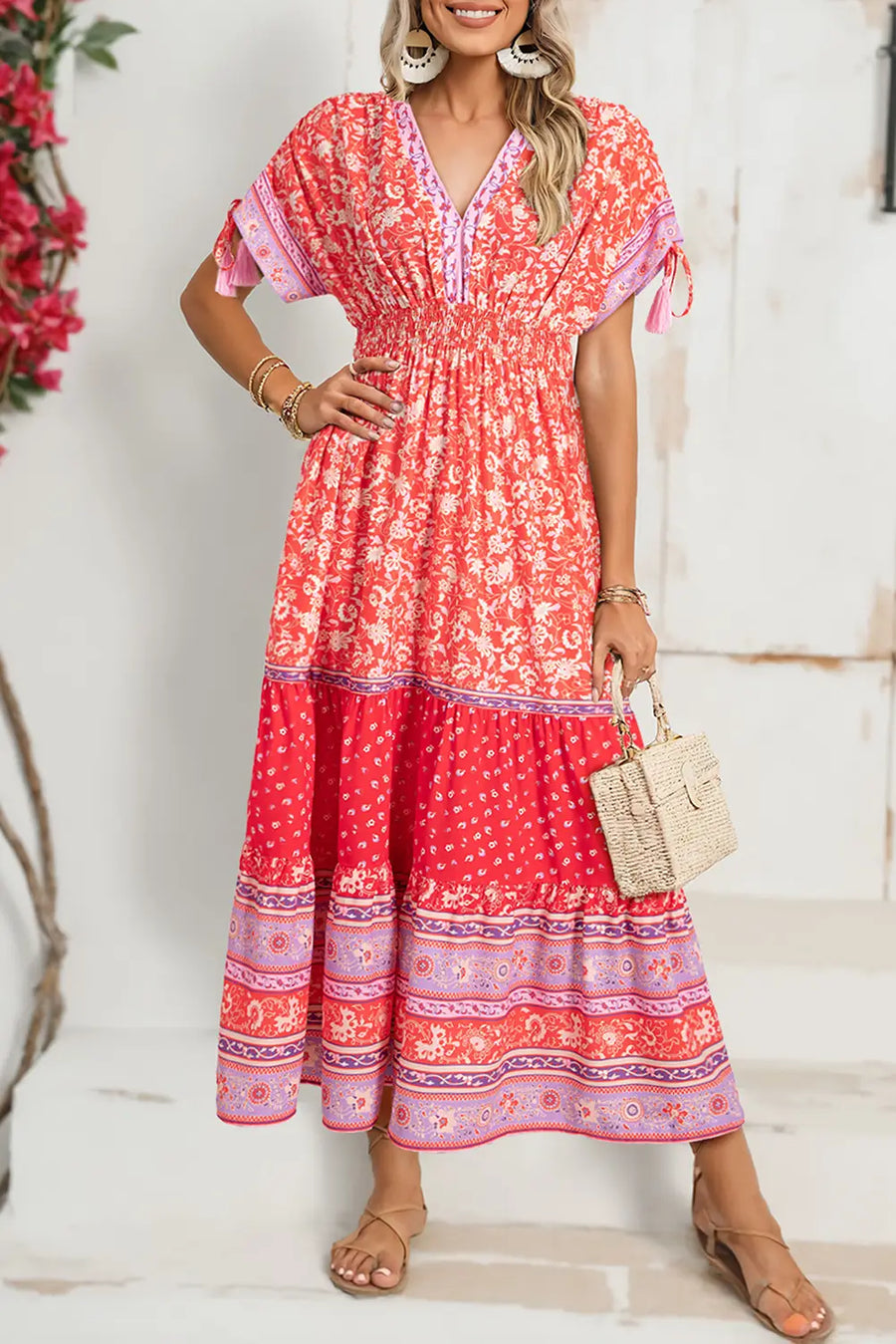Red Floral Tasseled Tied Sleeve Empire Waist Maxi Dress Women UK