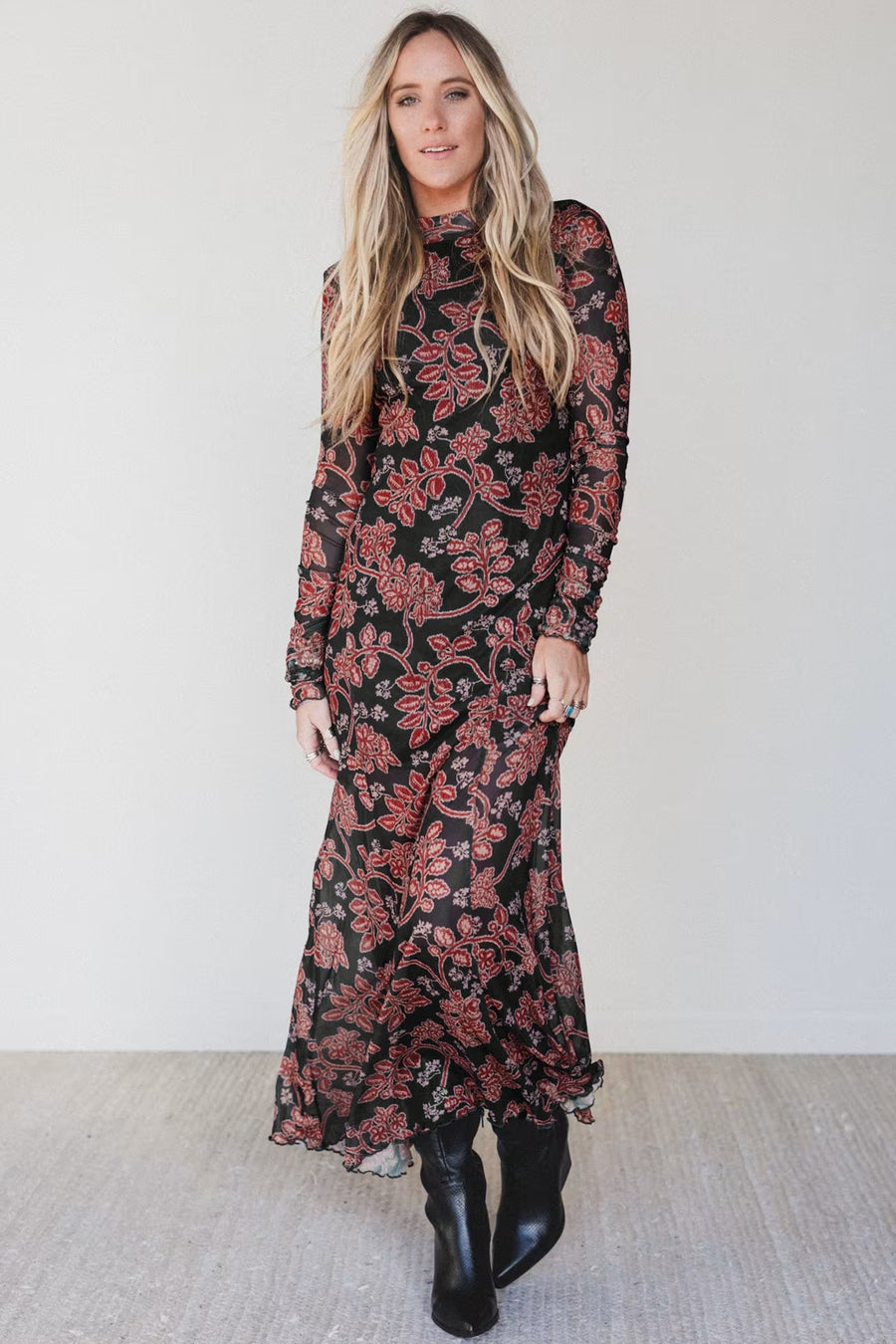 Retro Floral Print Long Sleeve Mesh Maxi Dress Women UK