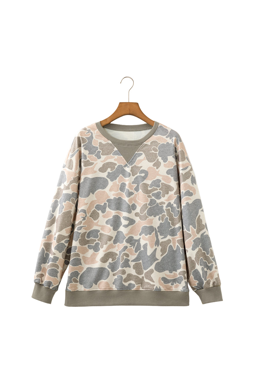 Camo Print Ribbed Trim Pullover Sweatshirt Women UK