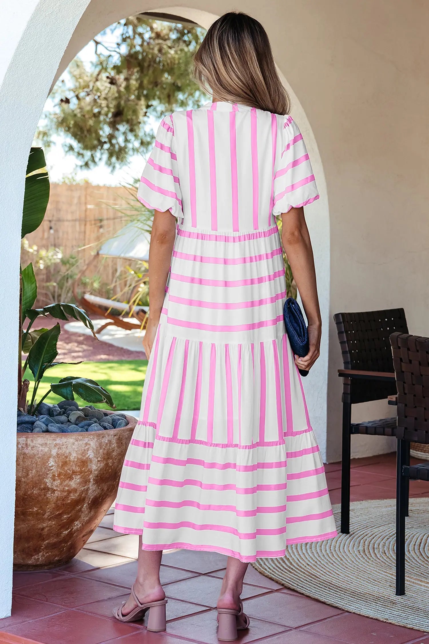 Fashionfitz green stripe ricrac trim midi dress UK S-XL, 100% viscose, empire waist puff sleeve, back view