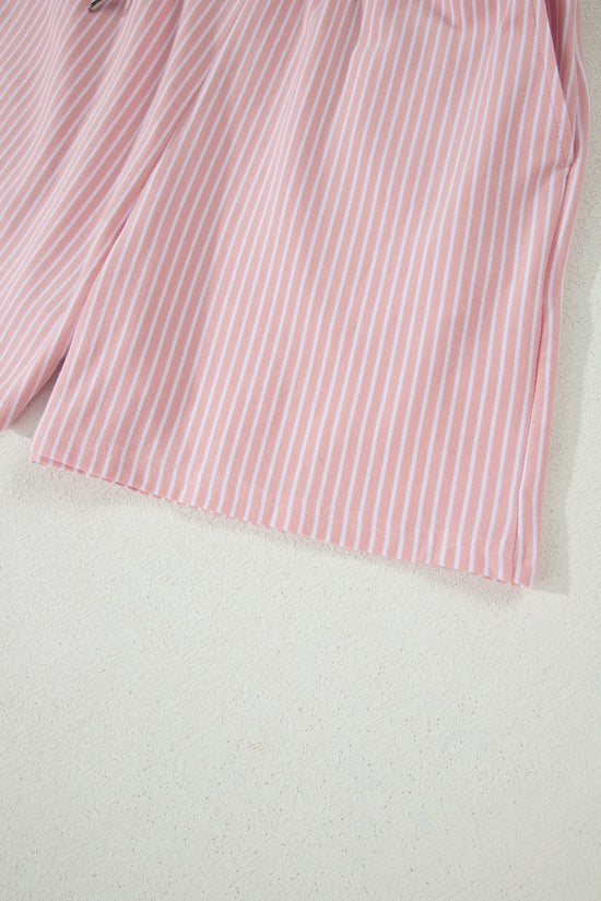 Striped Dolman Sleeve Polo Shirt and Drawstring Shorts Two Piece Set
