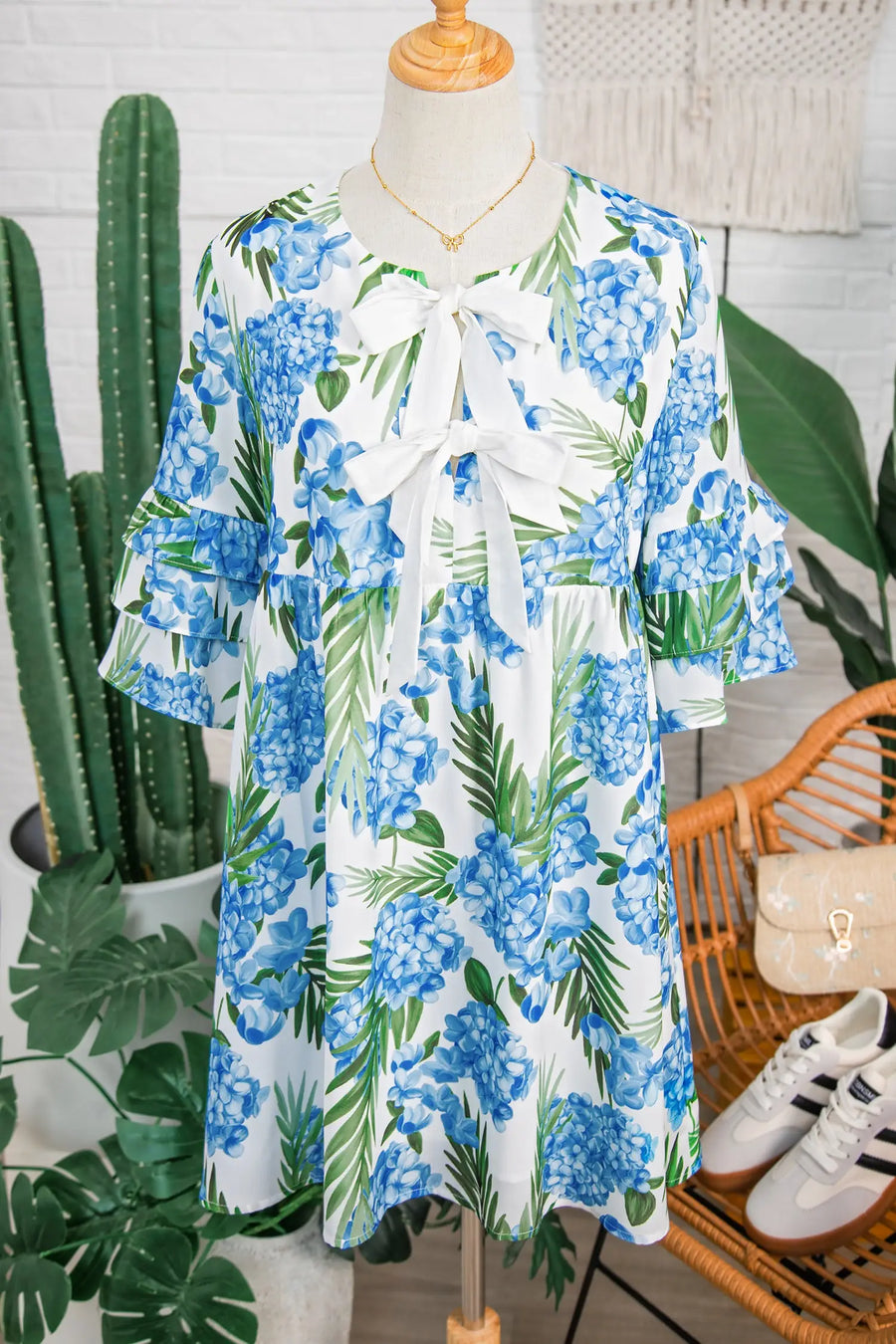 Sky Blue Palm Floral Contrast Ribbon Knot Ruffle Mini Dress Women UK