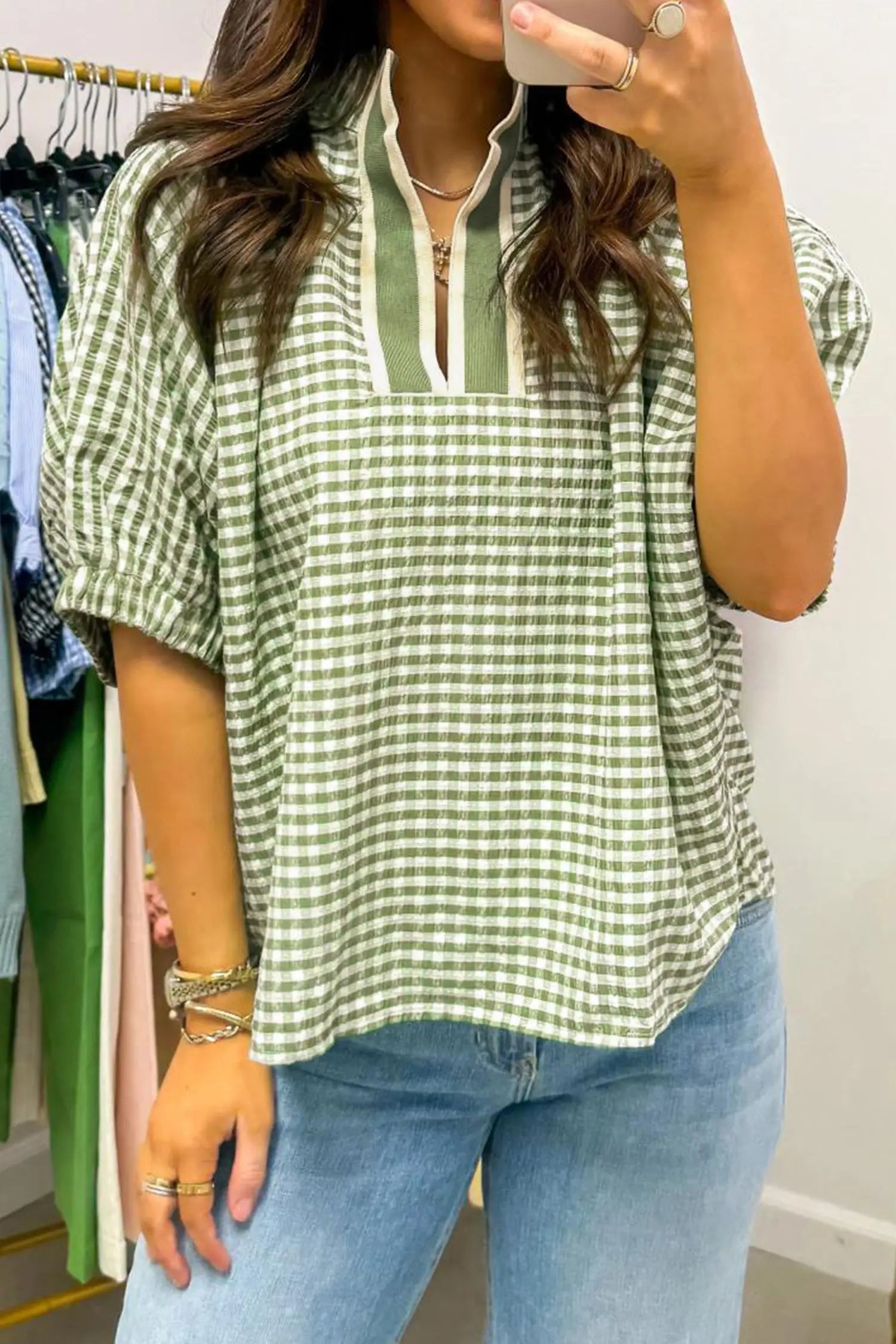 Green plaid short sleeve colorblock trim split neck blouse