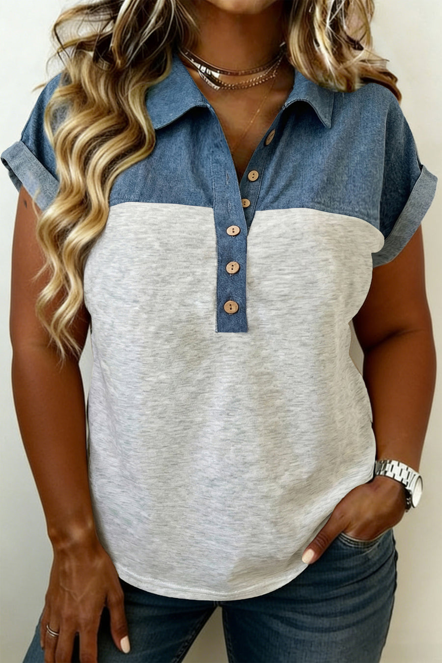 Half Button Collared Denim Patchwork Plus Size Short Sleeve Top UK