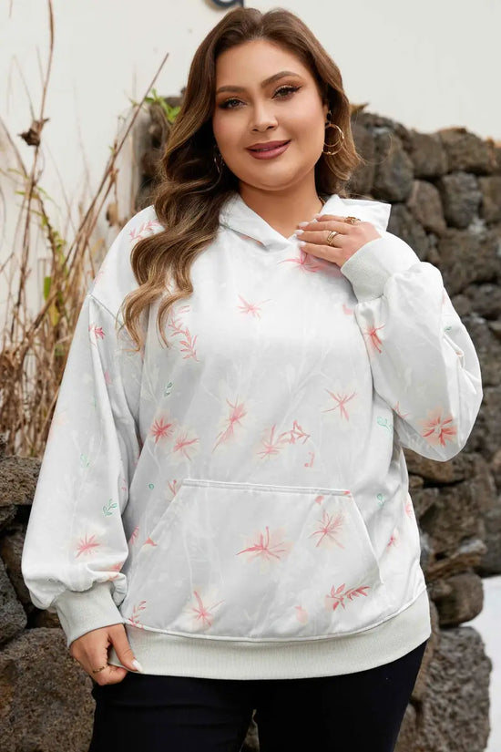 Curve Floral Print Hoodie with soft floral design and ribbed cuffs, styled for a relaxed plus size fit and everyday wear.