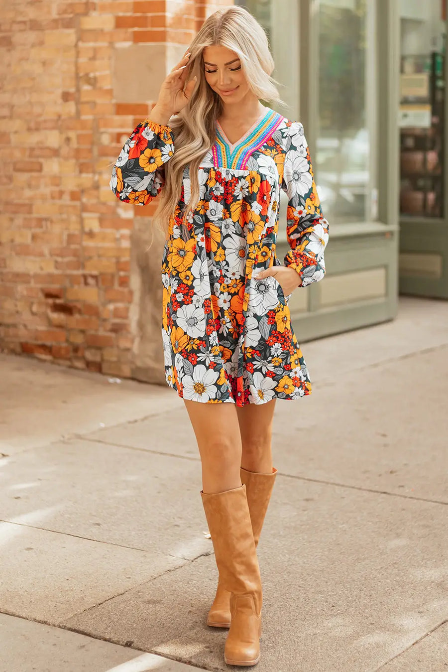 Orange Floral Lace V Neck Long Sleeve Mini Dress Women UK