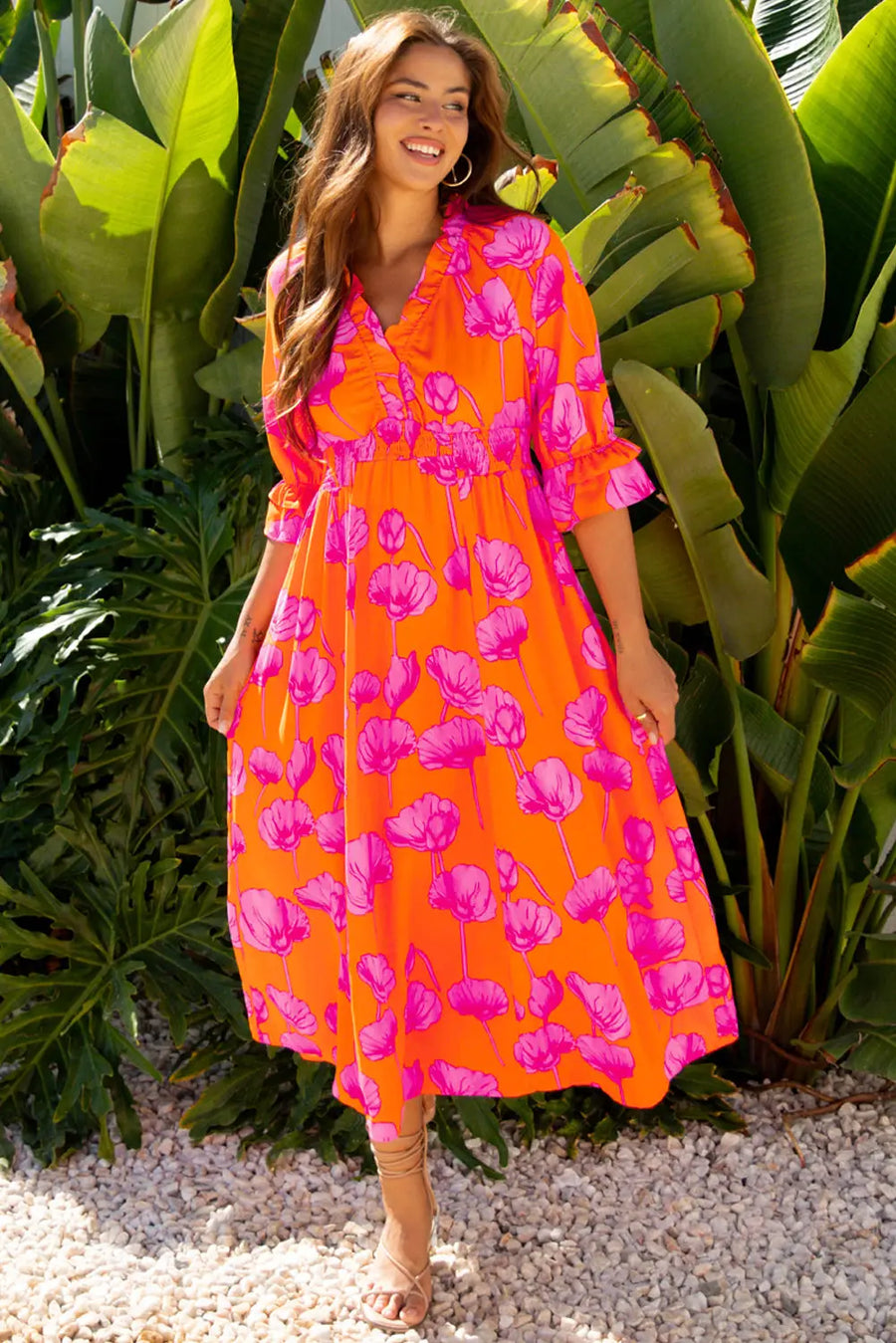 Orange Floral Frilly Smocked V Neck 3/4 Sleeve Maxi Dress Women UK — model shot