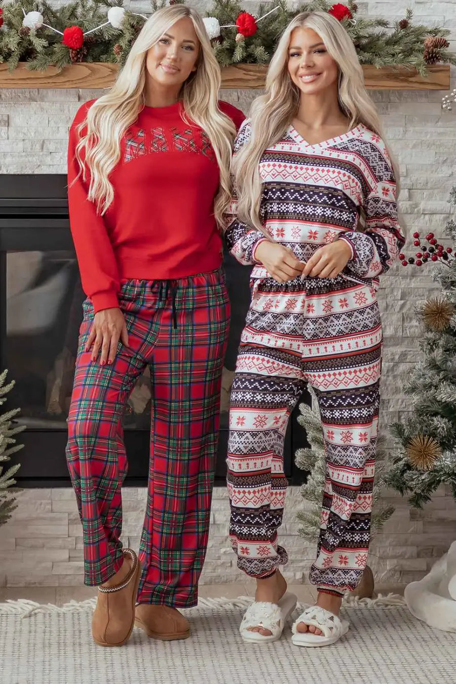 Black christmas retro print lounge set v-neck top high waist pants loungewear