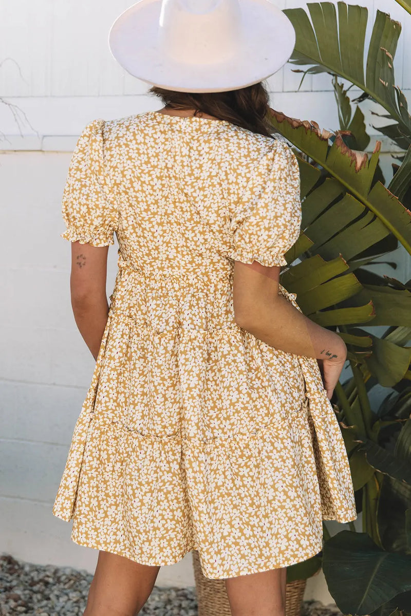 Yellow Floral Short Sleeve V Neck Frilly Tiered Mini Dress Women UK