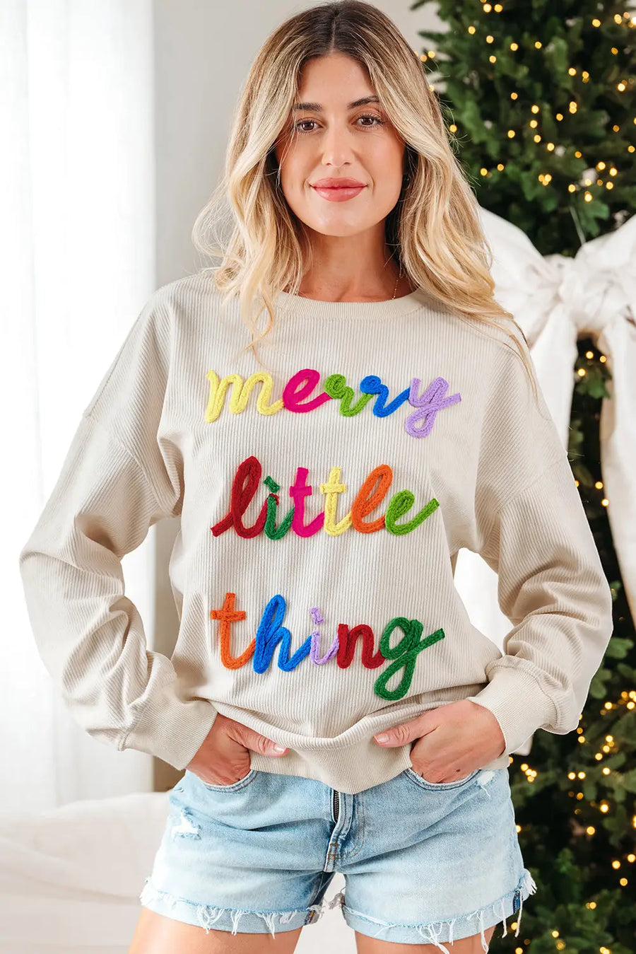 Beige Merry Little Thing Corded Graphic Ribbed Sweatshirt Women UK