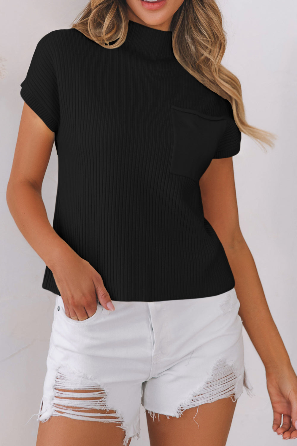 Ribbed Knit Short Sleeve Sweater - Patch Pocket