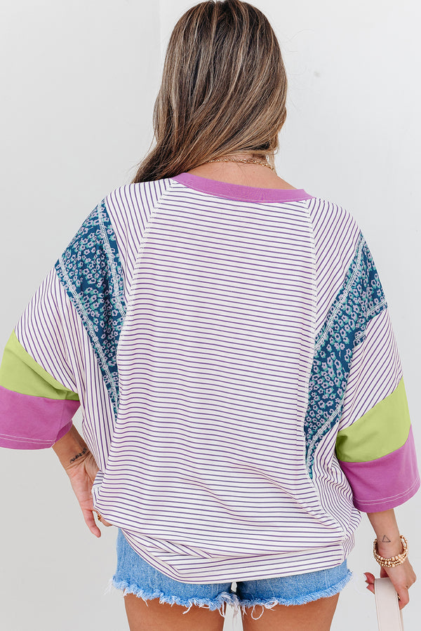 Purple Floral Colorblock Patchwork Bracelet Sleeve Blouse Women UK