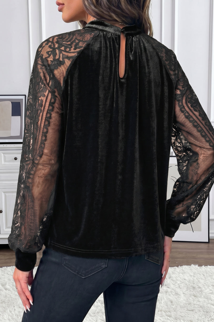 Black velvet stand neck blouse styled with wide leg trousers — Fashionfitz UK