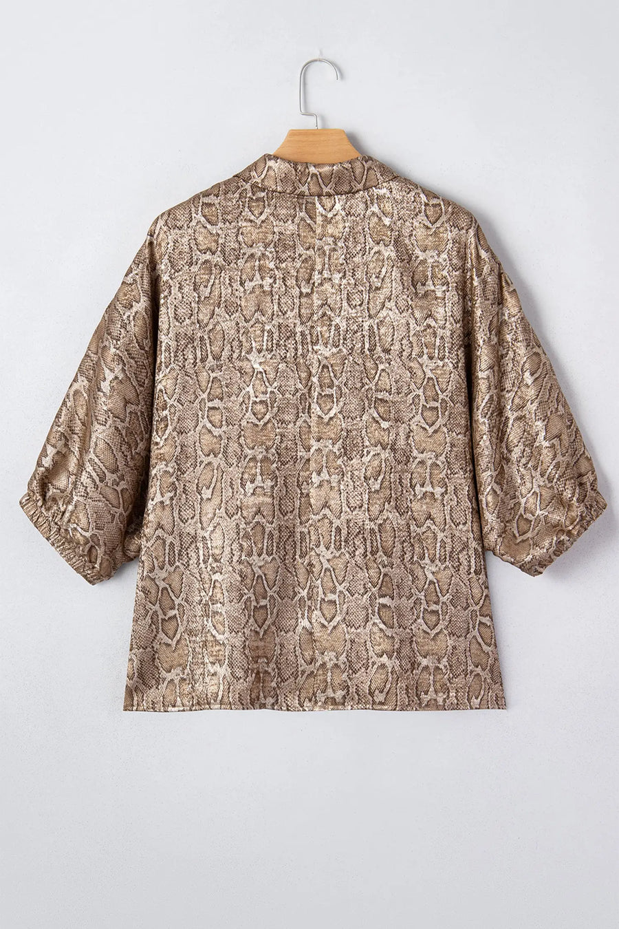 Brown metallic leopard blouse — back view, shift fit and length | Fashionfitz