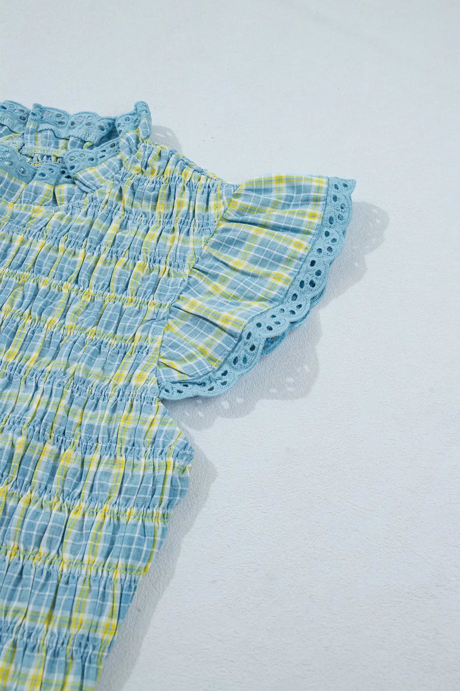 Multicolour Gingham Smoked Lace Trim Tank Top — fabric texture detail | Fashionfitz UK