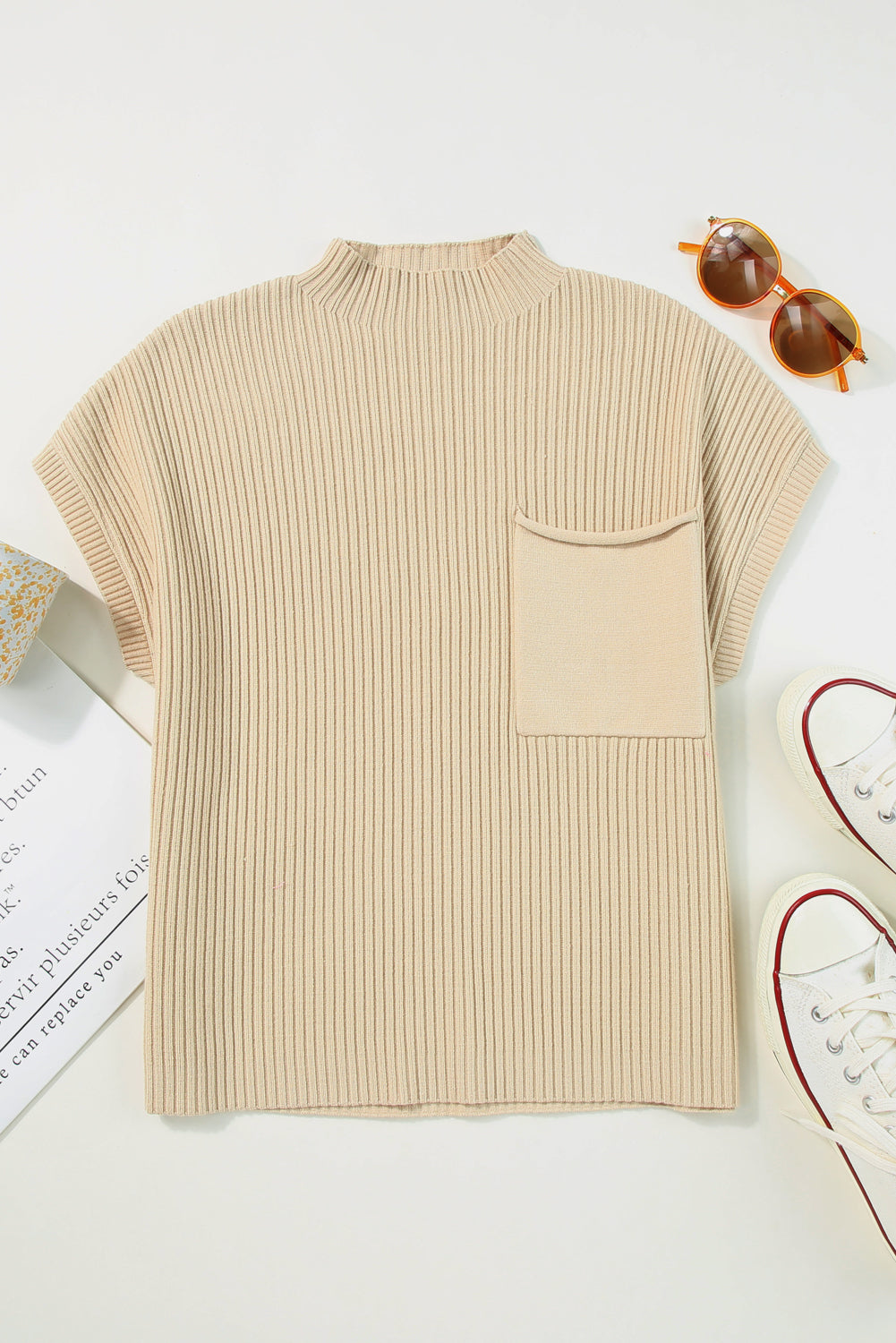 Ribbed Knit Short Sleeve Sweater -  Patch Pocket