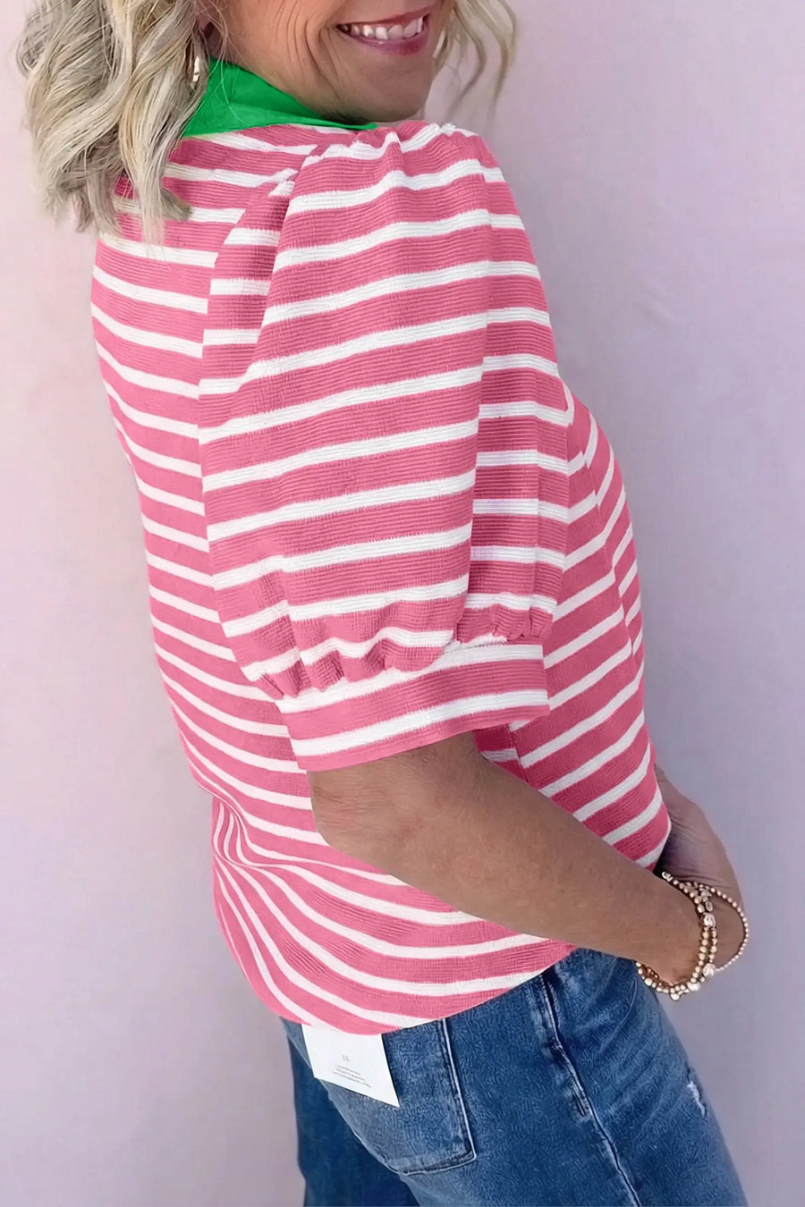 Colour block polo blouse — puff sleeve close-up, striped fabric detail