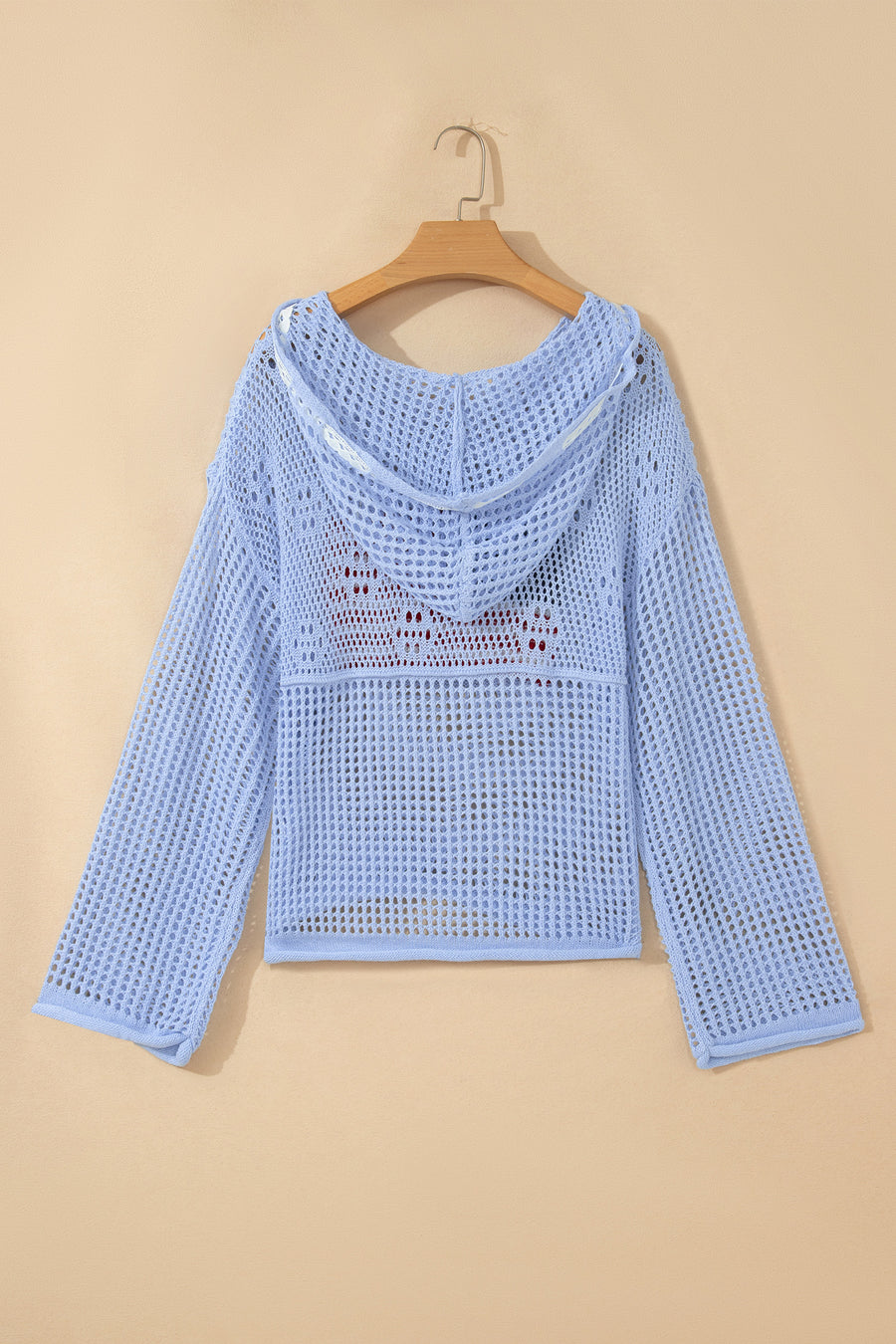 Hollow Out Crochet Knit American Flag Patch Drawstring Hoodie