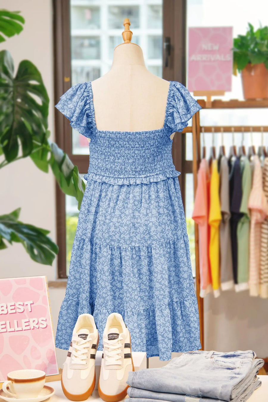 Sky Blue Floral Square Neck Smocked Tiered Mini Dress Women UK — lifestyle view