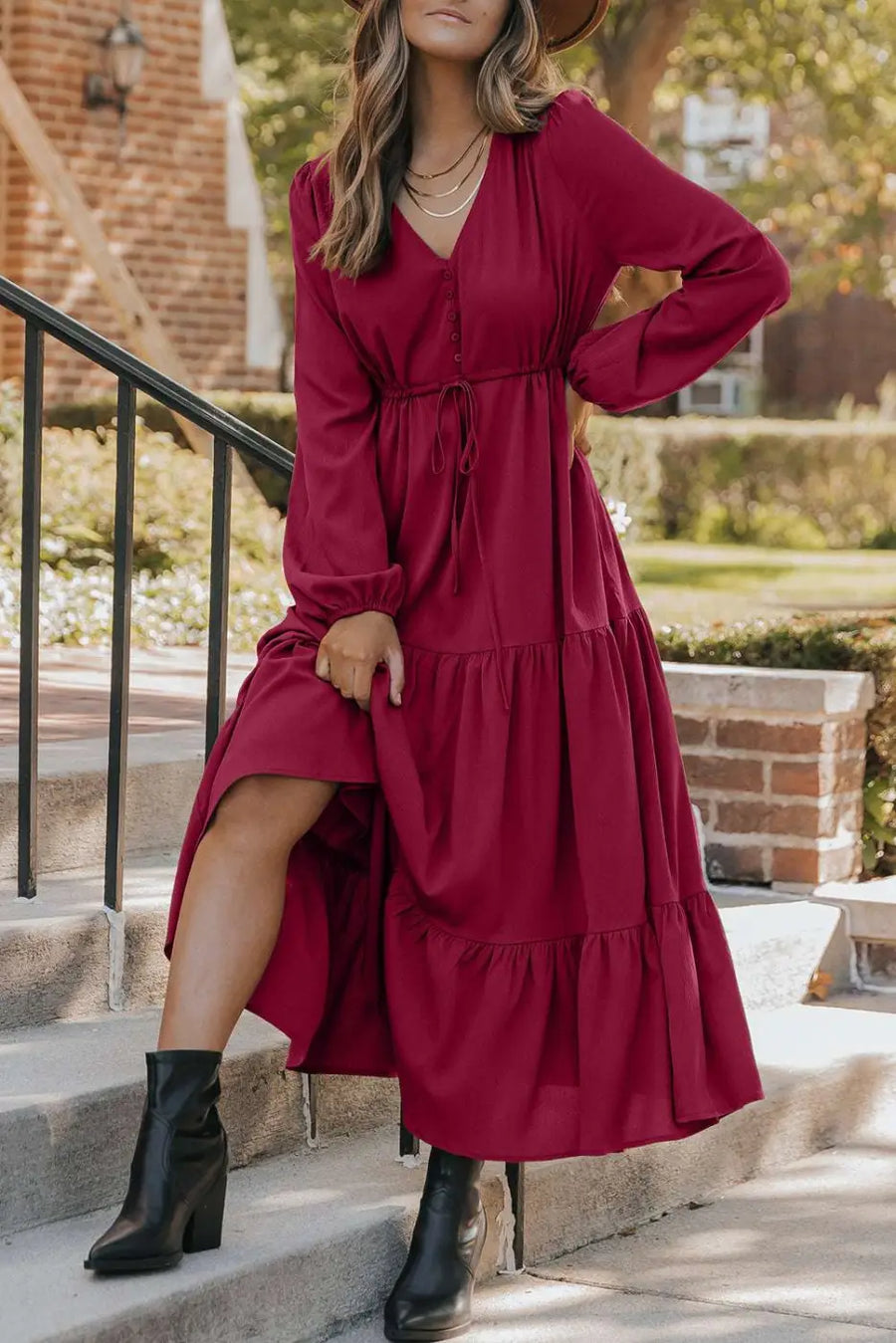 Burgundy long sleeve tiered maxi dress dresses