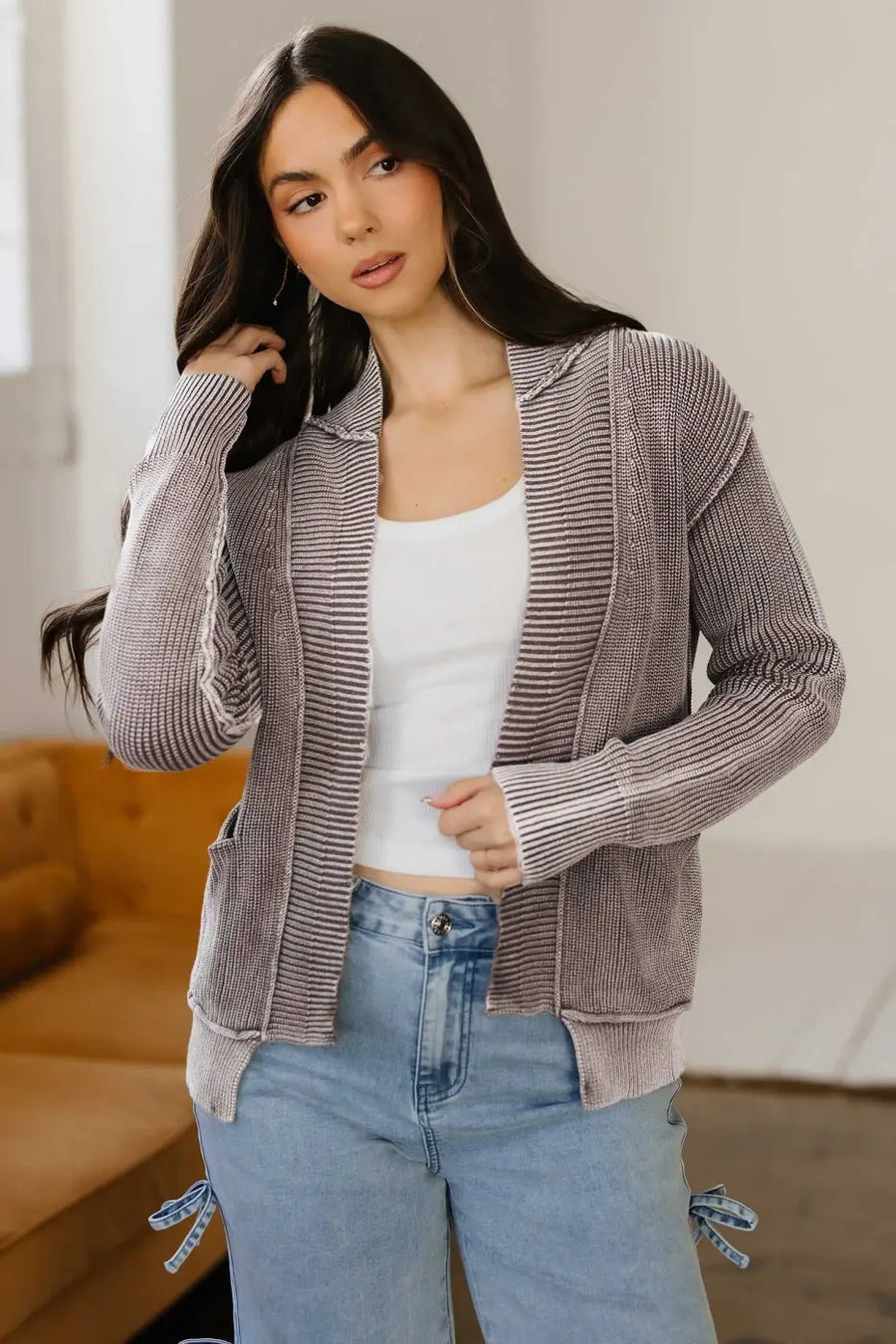 Casual women's stonewash patchwork knit open cardigan featuring long sleeves and front pockets, ideal for fall layering.