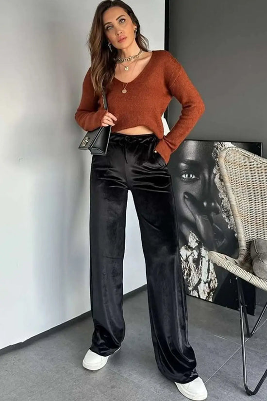 Black velvet straight‑leg drawstring trousers