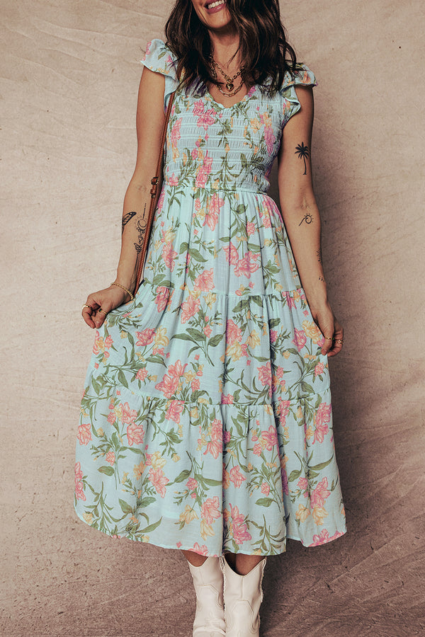 Yellow smocked tiered floral sleeveless maxi dress women UK front view