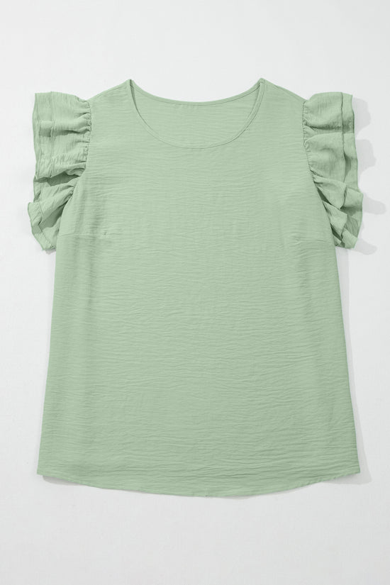 Clearly Aqua Plus Size Double Ruffle Sleeve Crew Neck Top Solid