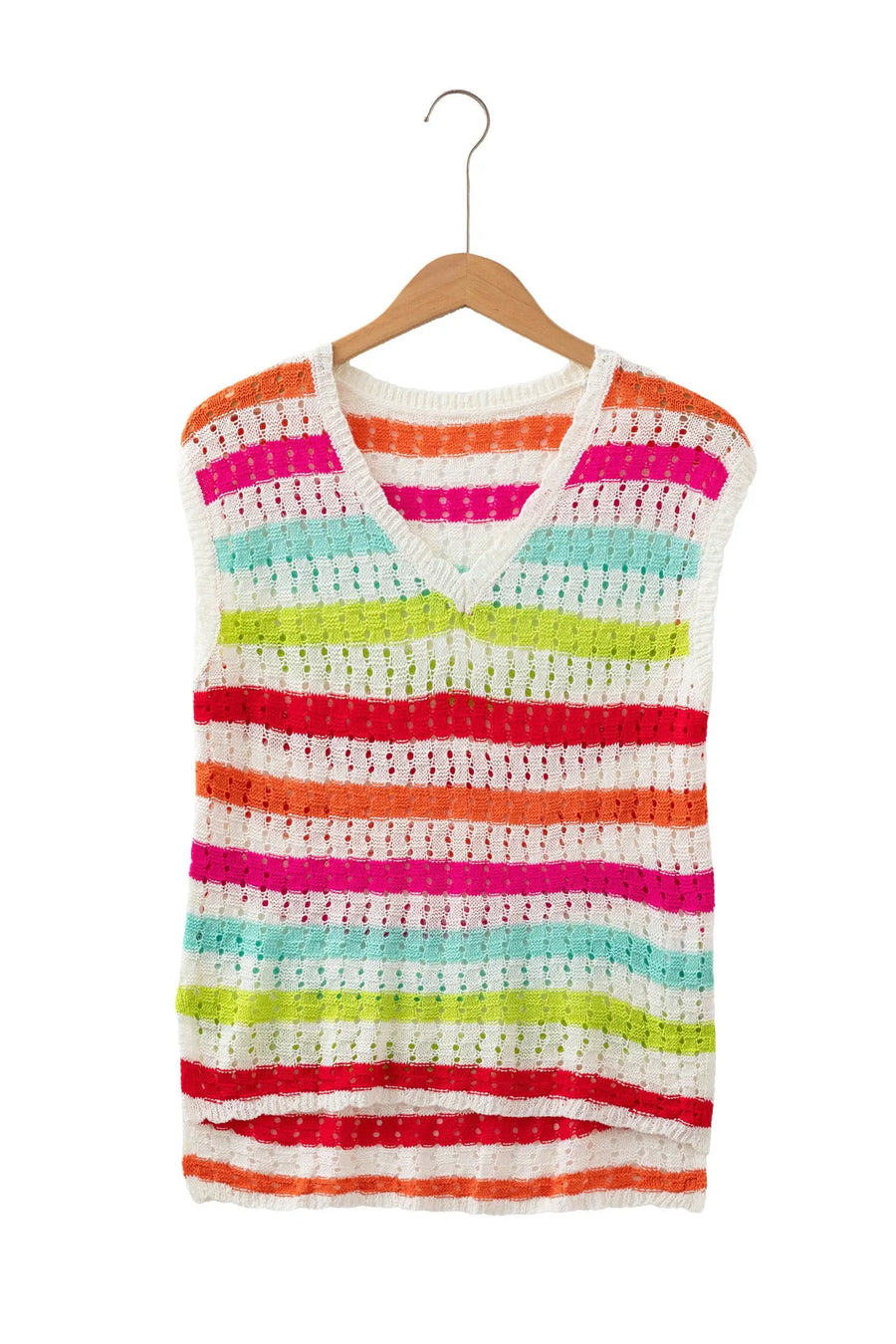 Striped Eyelet Knit V-Neck Sweater Tee Women UK