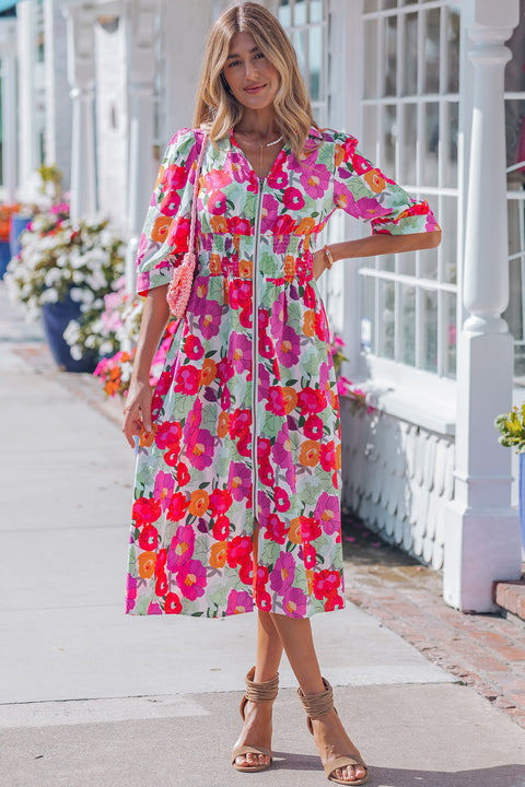 Purple Tulip Floral Print Contrast Trim Midi Dress Women UK